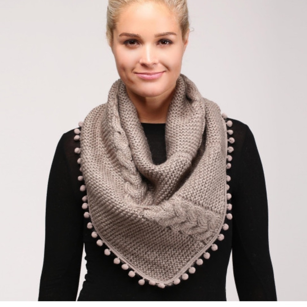 Taupe Cable Knit Scarf Featuring Pom Pom Trim